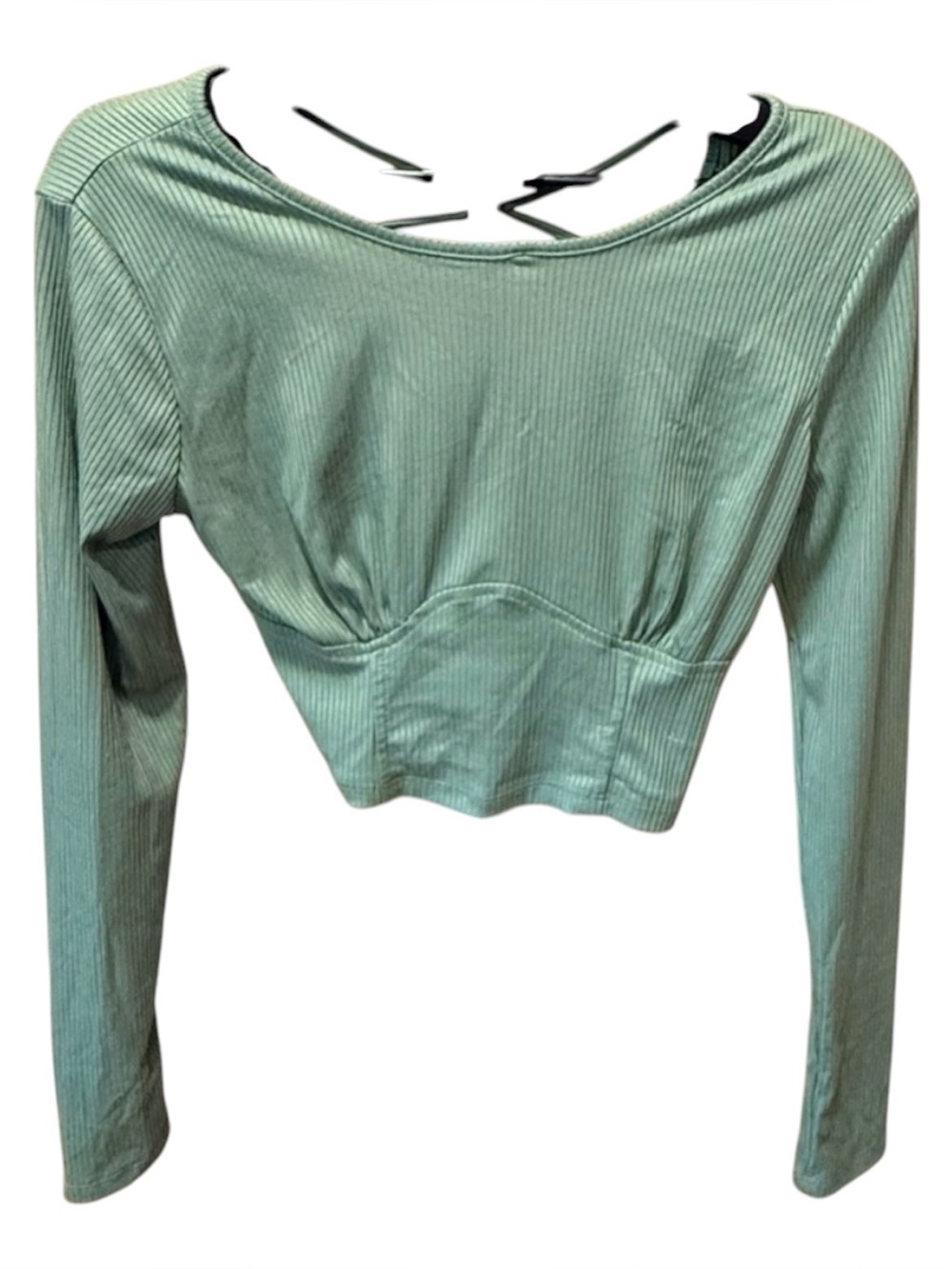 Just Polly Sage Green Ribbed Corset Lace-Up Back Crop Top Long Sleeve XL